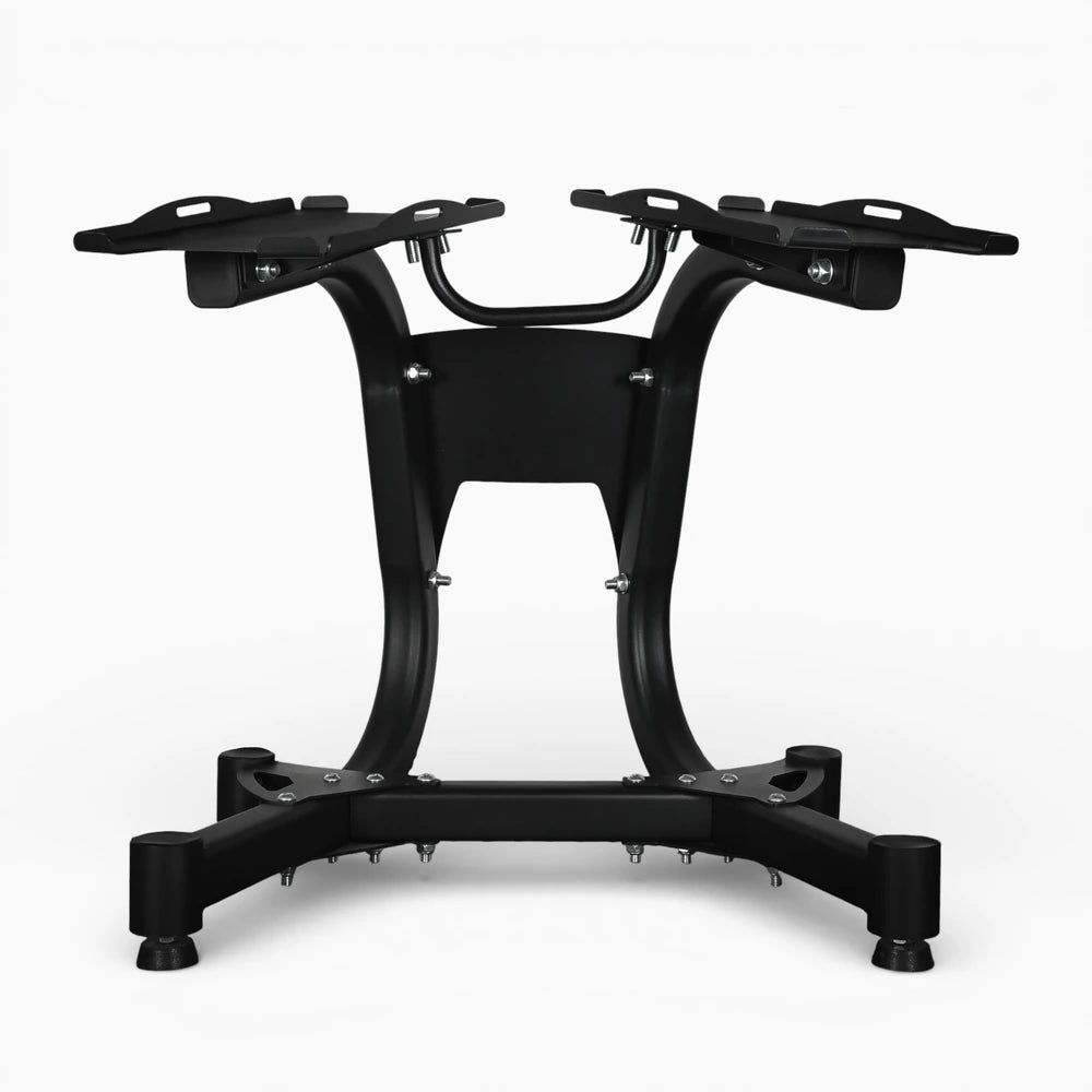 Black metal stand with adjustable arms on a white background