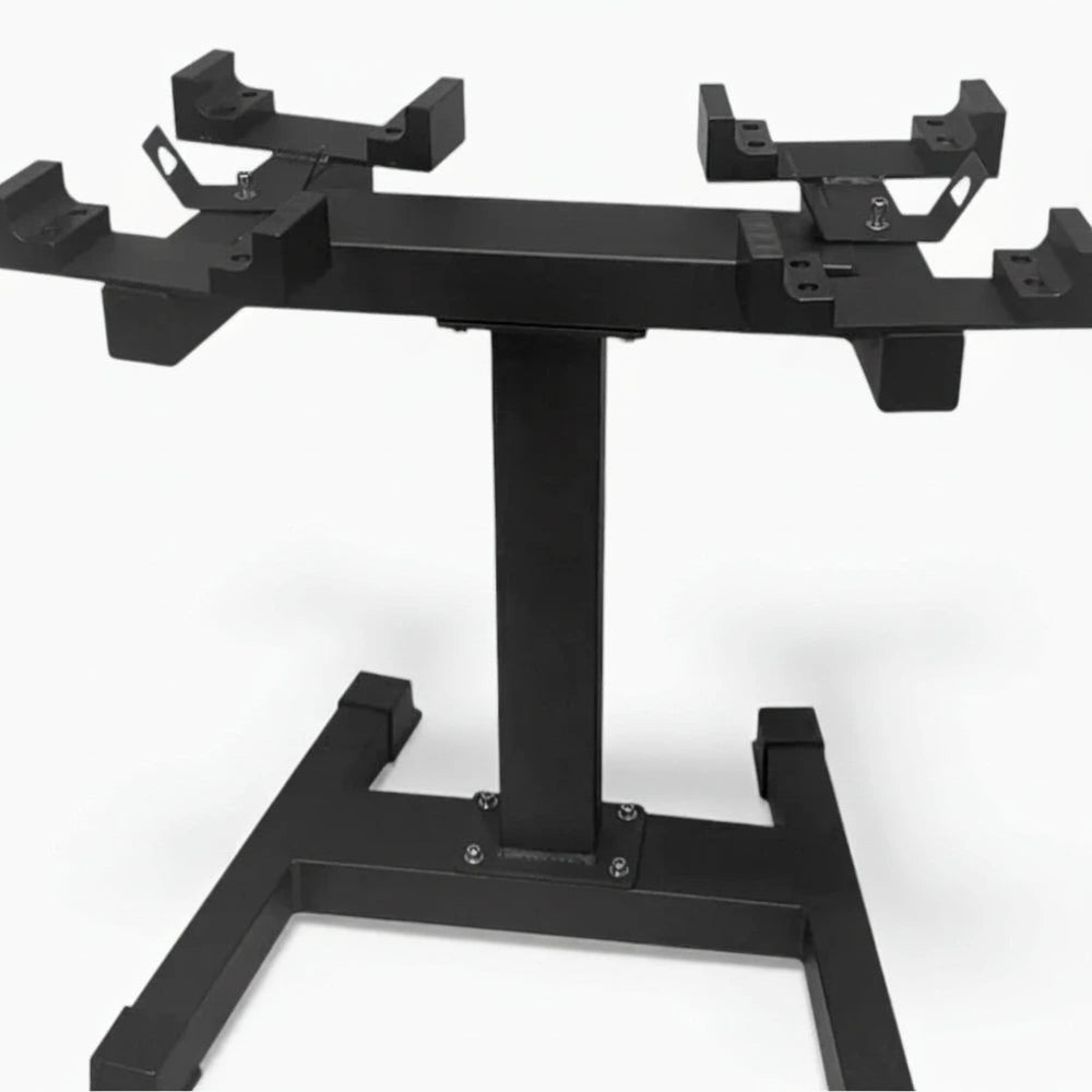 Black weightlifting stand with multiple barbell holders on a white background