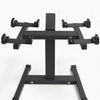 Black weight rack with multiple hooks on a white background