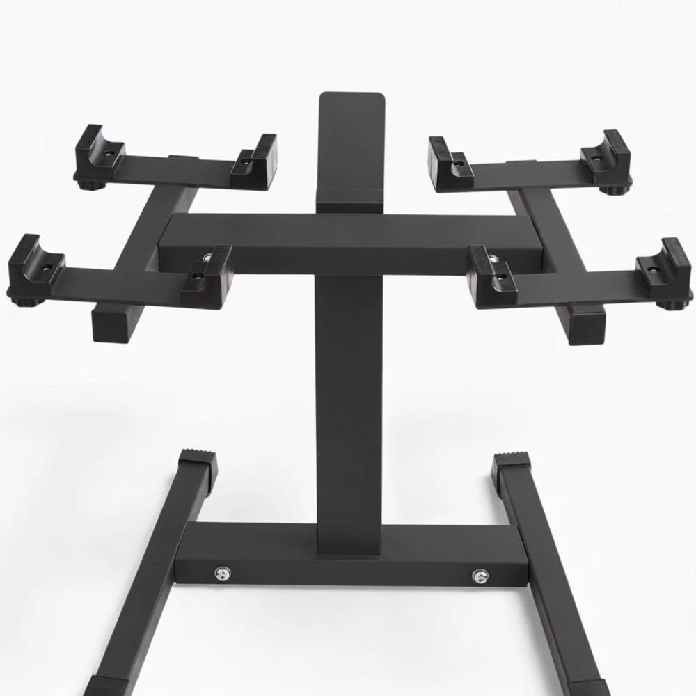 Black weight rack with multiple hooks on a white background