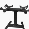 Black weightlifting stand with multiple barbell holders on a white background