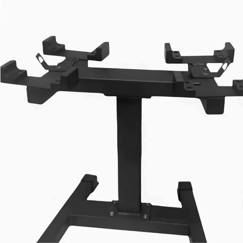 Black weightlifting stand with multiple barbell holders on a white background