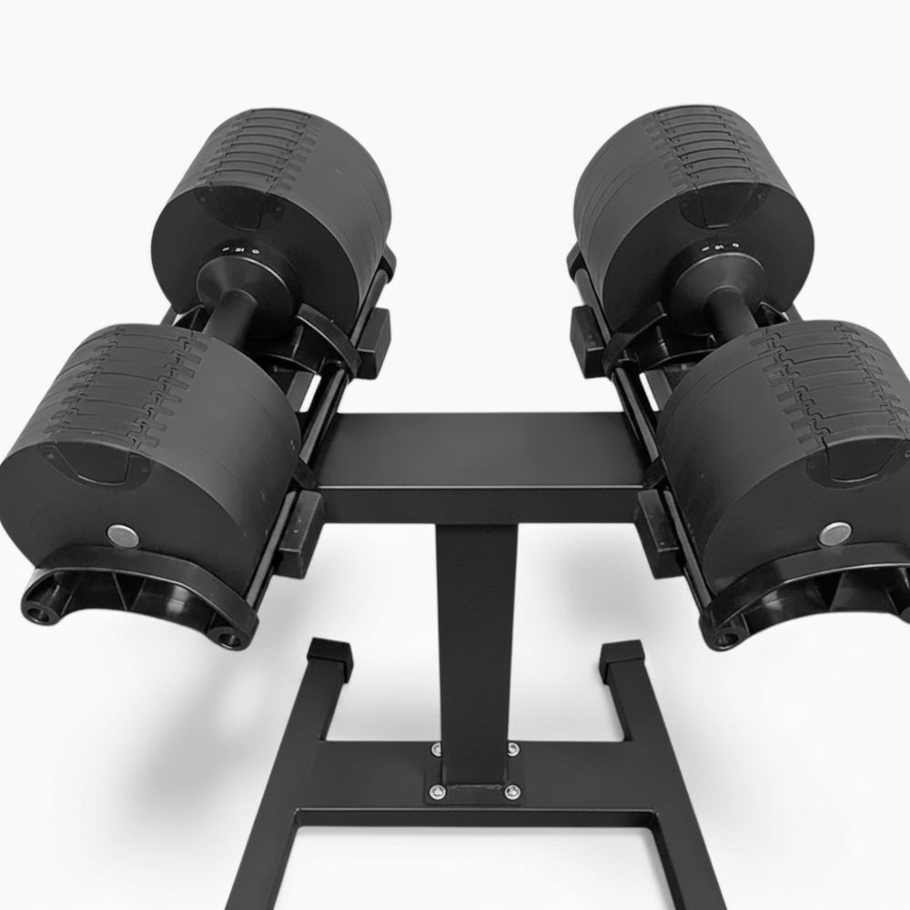 Pair of black dumbbells on a stand on a white background