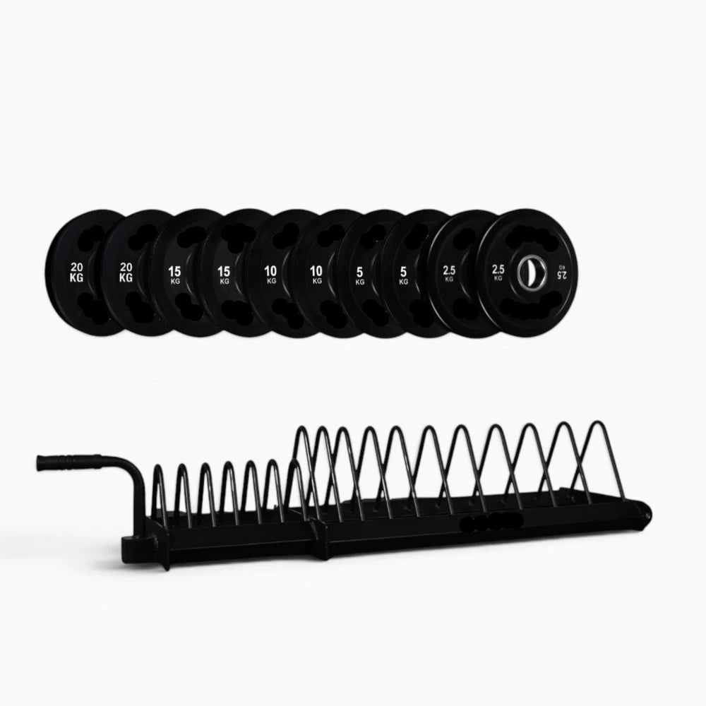 Set of black weight plates with a holder on a white background