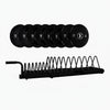 Set of weight plates with a black metal rack on a white background