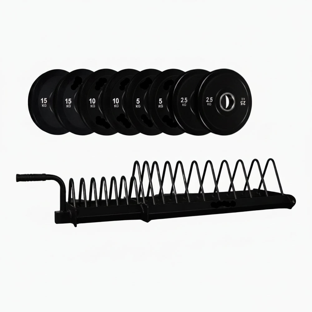 Set of weight plates with a black metal rack on a white background
