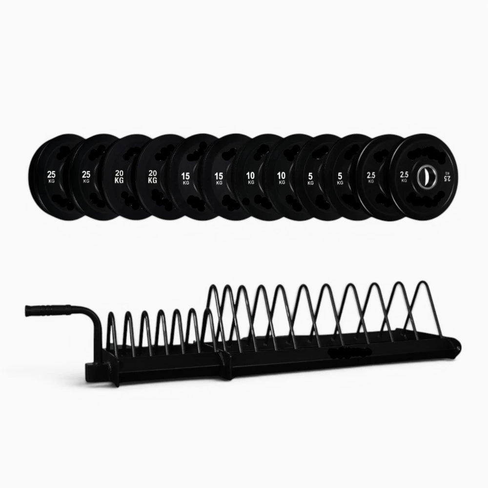 Set of weight plates with a black metal rack on a white background