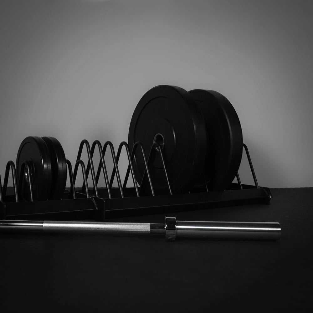 Barbell and weight plates on a rack against a gray background