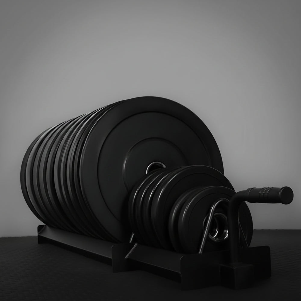 Set of gym weights including plates and dumbbells on a stand.