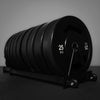 Set of black weight plates on a stand.