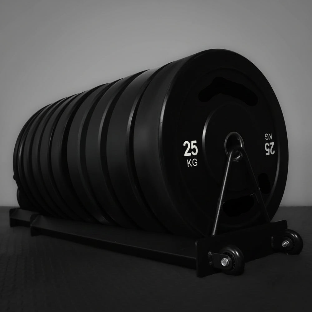 Set of black weight plates on a stand.
