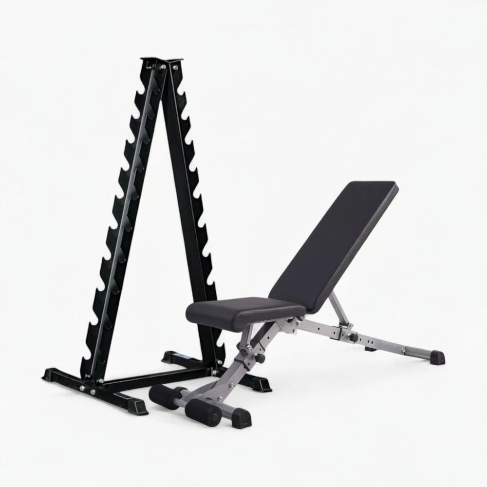 Weight bench and weight rack on a white background