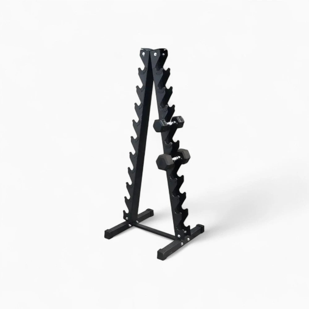 Black weight rack on a white background