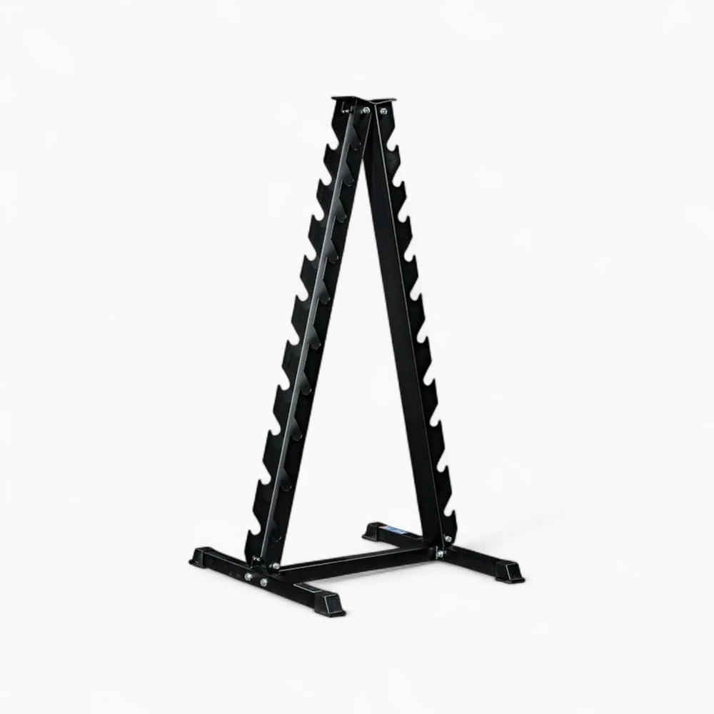 Black metal weight rack on a white background