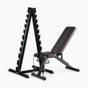 Black weight bench with weight stack on a white background