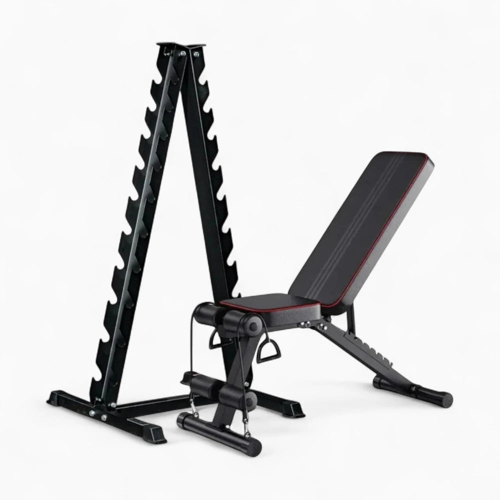 Black weight bench with weight stack on a white background