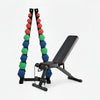 Weight bench with weight stack on a white background