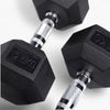 Pair of black hexagonal dumbbells with weight marking on a white background