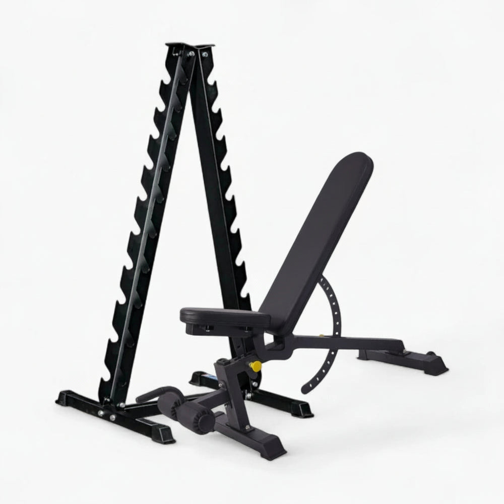Black weight bench and weight rack on a white background