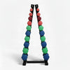 Set of hexagonal weight plates on a stand with color-coded weights on a white background