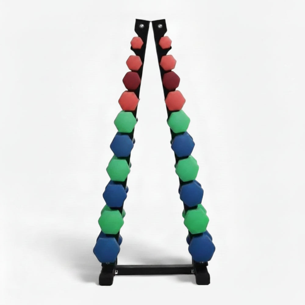 Set of hexagonal weight plates on a stand with color-coded weights on a white background