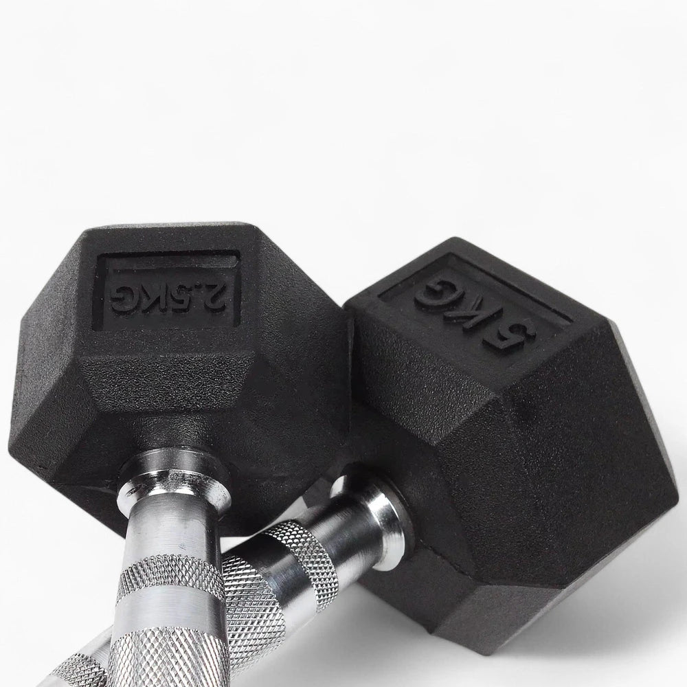 Pair of black hexagonal dumbbells with weight markings on a white background