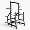 Black weightlifting rack with bar and weights on a white background