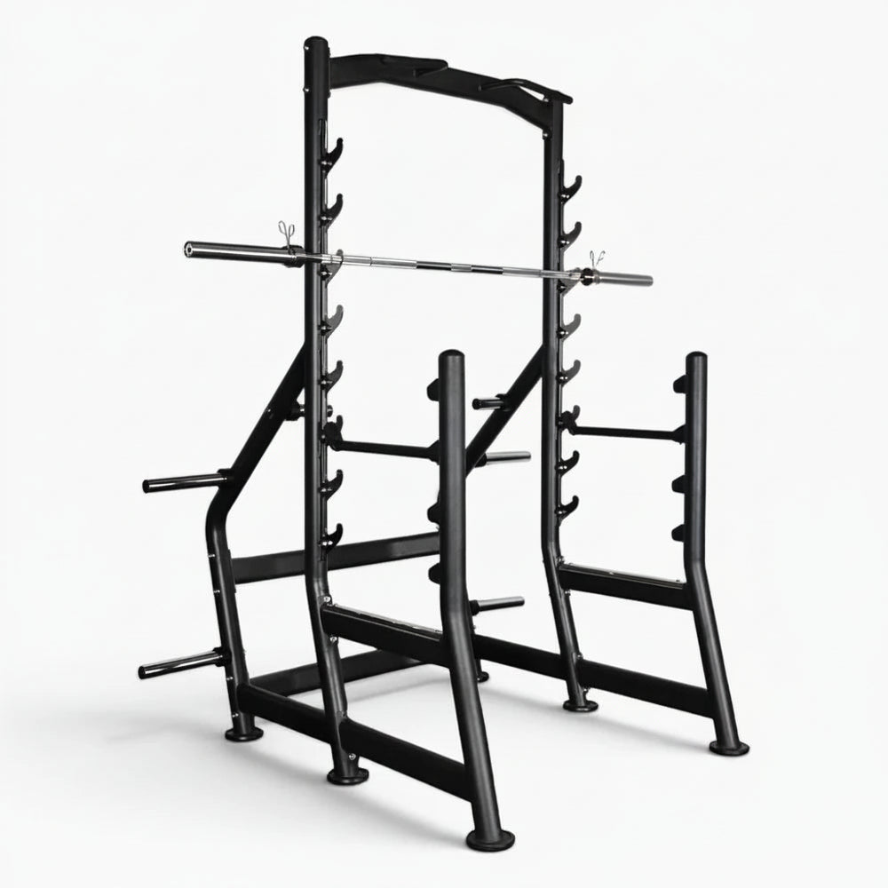 Black weightlifting rack with bar and weights on a white background
