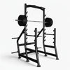 Black weightlifting rack with barbell on a white background