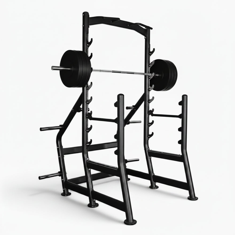 Black weightlifting rack with barbell on a white background