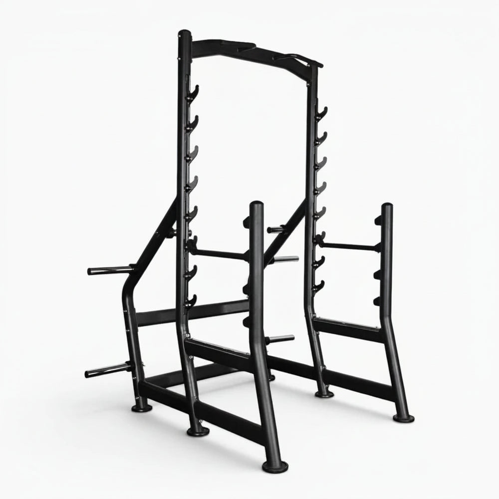 Black metal fitness rack on a white background