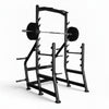 Black weightlifting rack with barbell on a white background