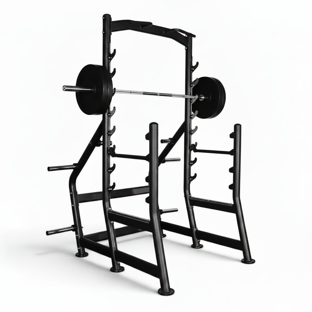 Black weightlifting rack with barbell on a white background