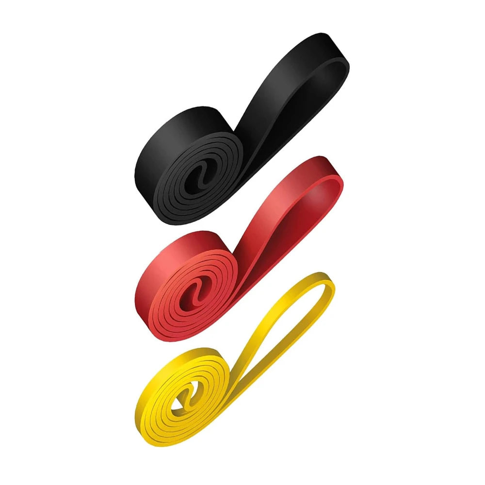 Black, red, and yellow resistance bands on a white background