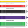 Set of colorful resistance bands with measurements on a white background