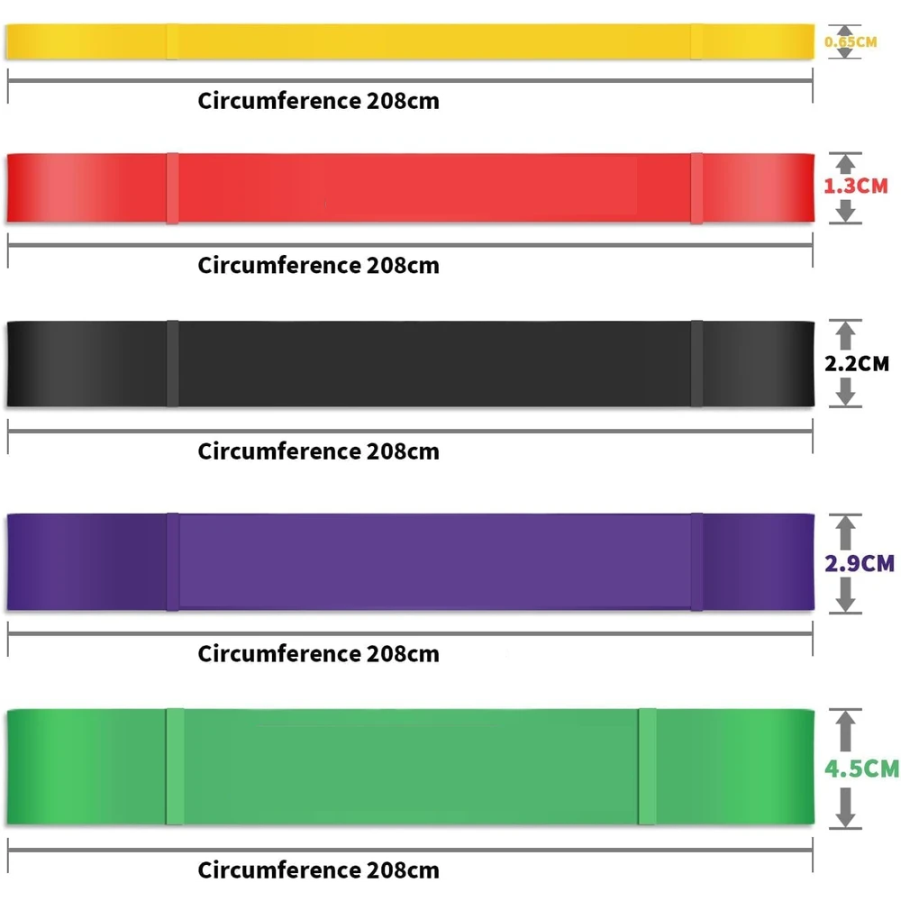 Set of colorful resistance bands with measurements on a white background