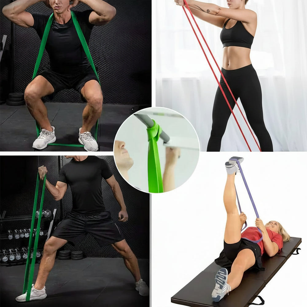 Collage of people using resistance bands for exercise in various positions.