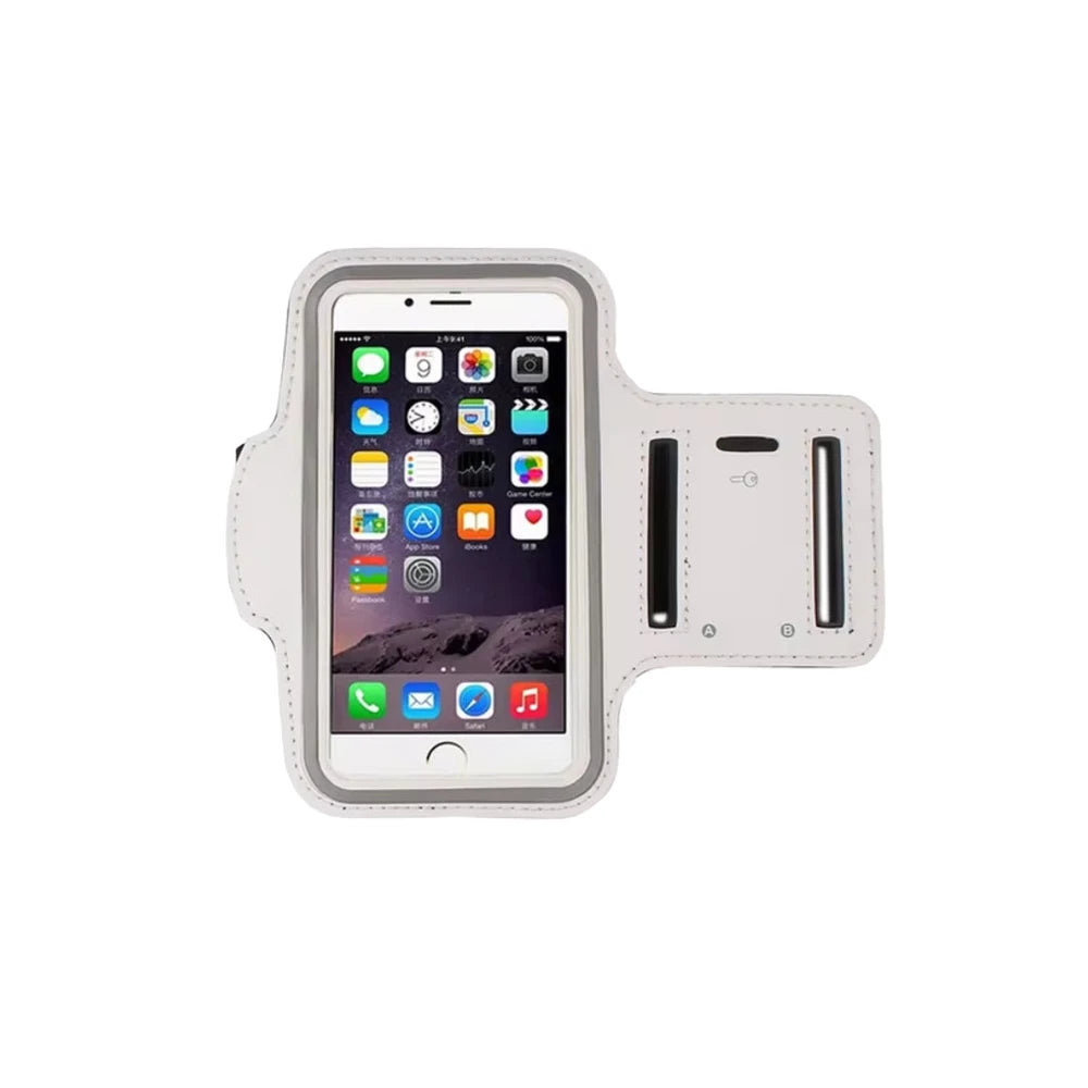 White armband with smartphone displaying app icons on a white background