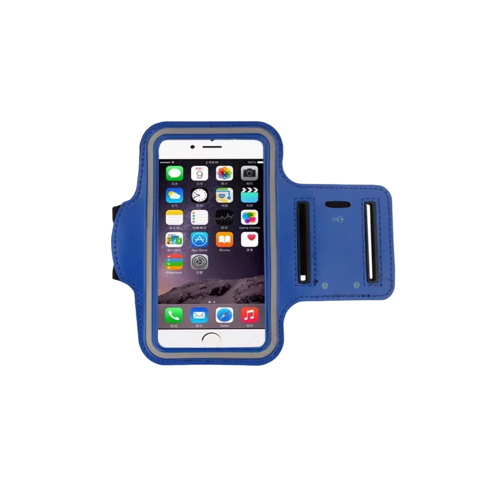 Blue armband with smartphone displaying app icons on a white background