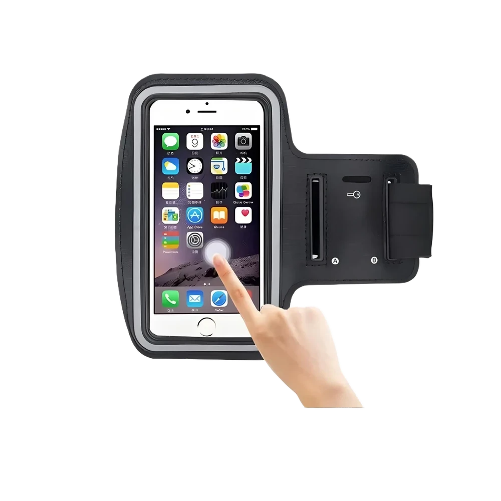 Black arm band with a smartphone displaying app icons on a white background