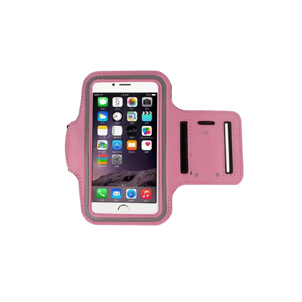 Pink armband with smartphone displaying app icons on a white background