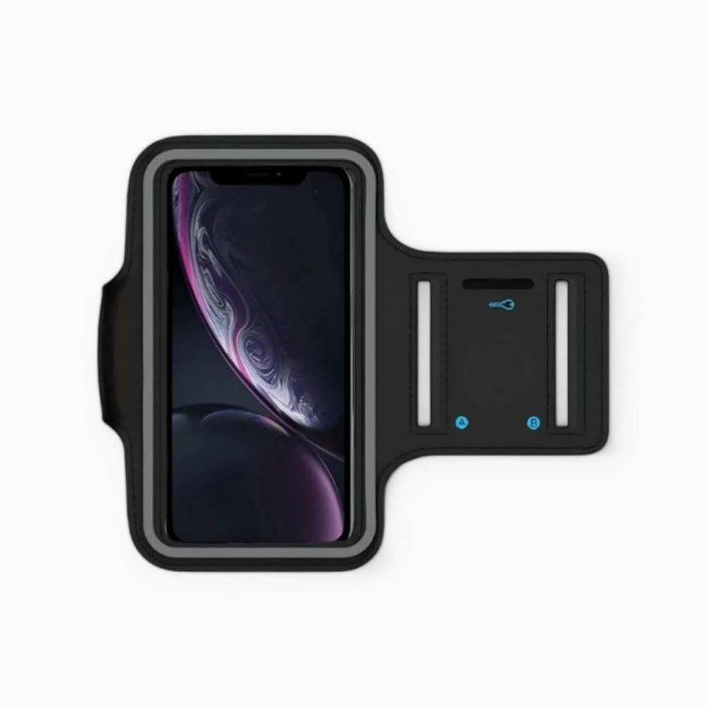Black phone armband with smartphone displaying a reflective screen on a white background
