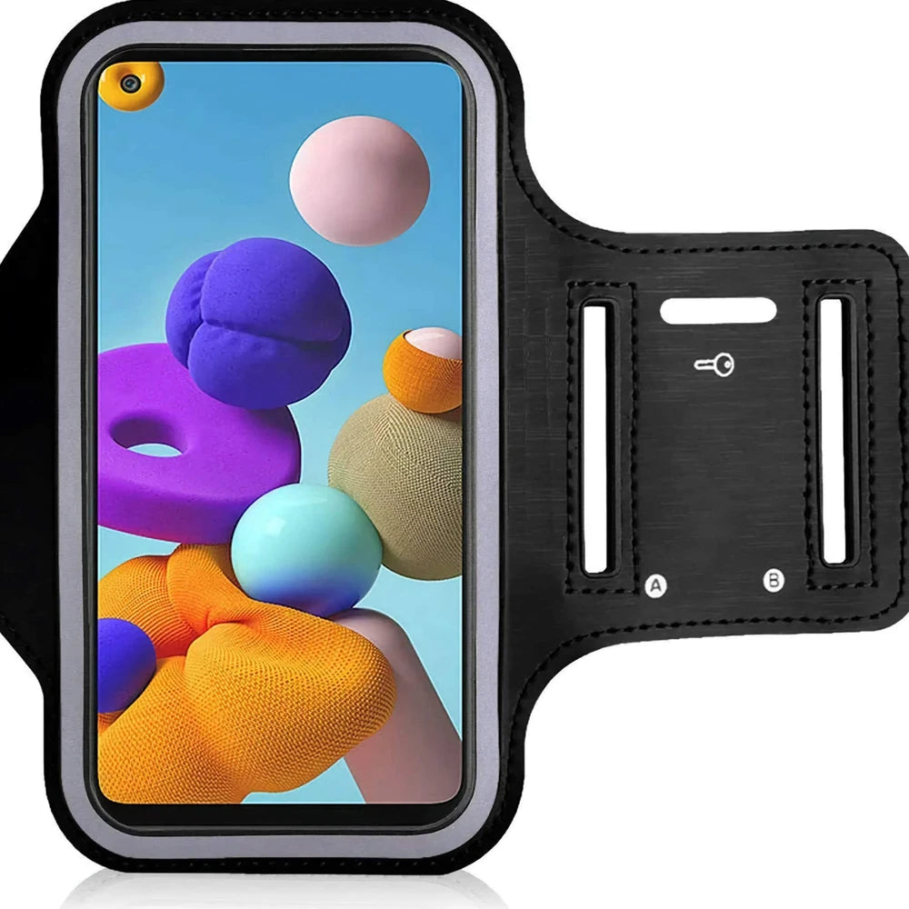 Phone with colorful sphere design in a black armband on a white background