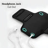 Black armband with headphone jack cutout and white earbuds on a light gray background