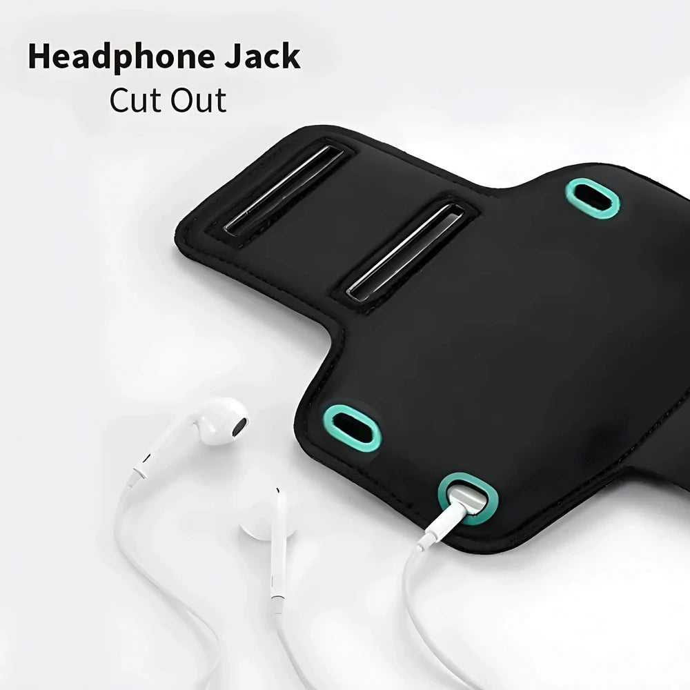 Black armband with headphone jack cutout and white earbuds on a light gray background