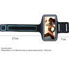Black phone armband with a smartphone displaying a silhouette of a woman, showing measurements on a white background.