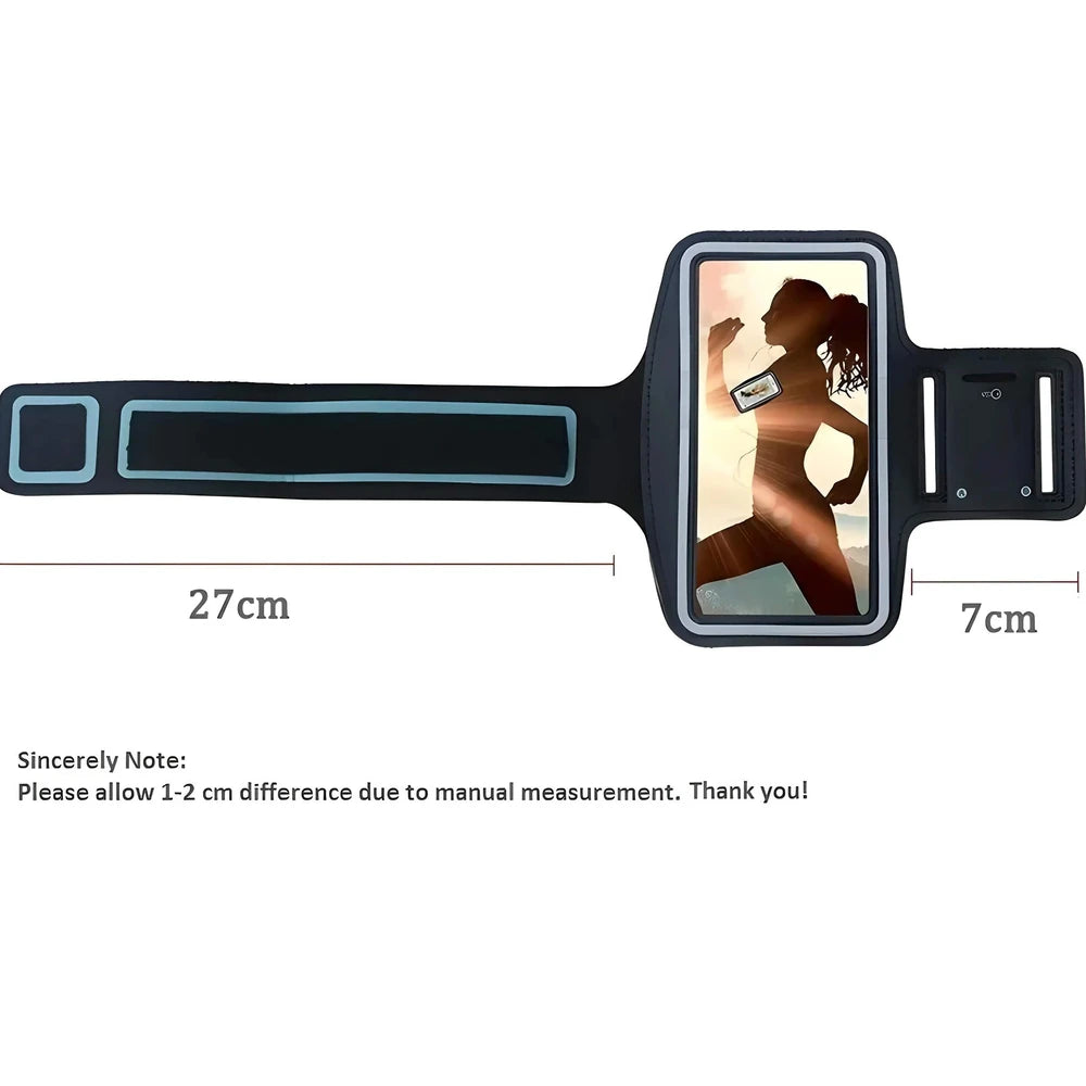 Black phone armband with a smartphone displaying a silhouette of a woman, showing measurements on a white background.