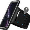 Black phone case with key holder attachment on a white background