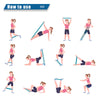 Illustrations of a woman using resistance bands in various exercises on a white background.