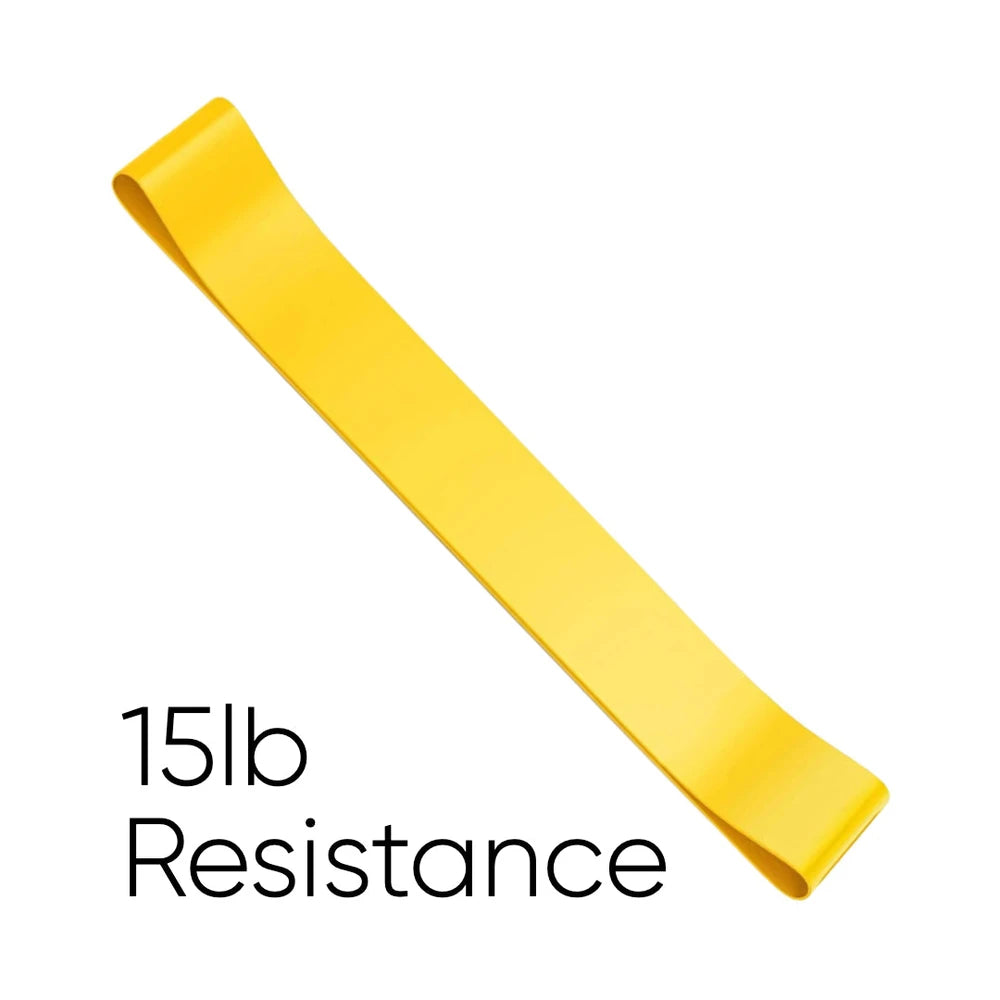 Yellow resistance band with '15lb Resistance' text on a white background